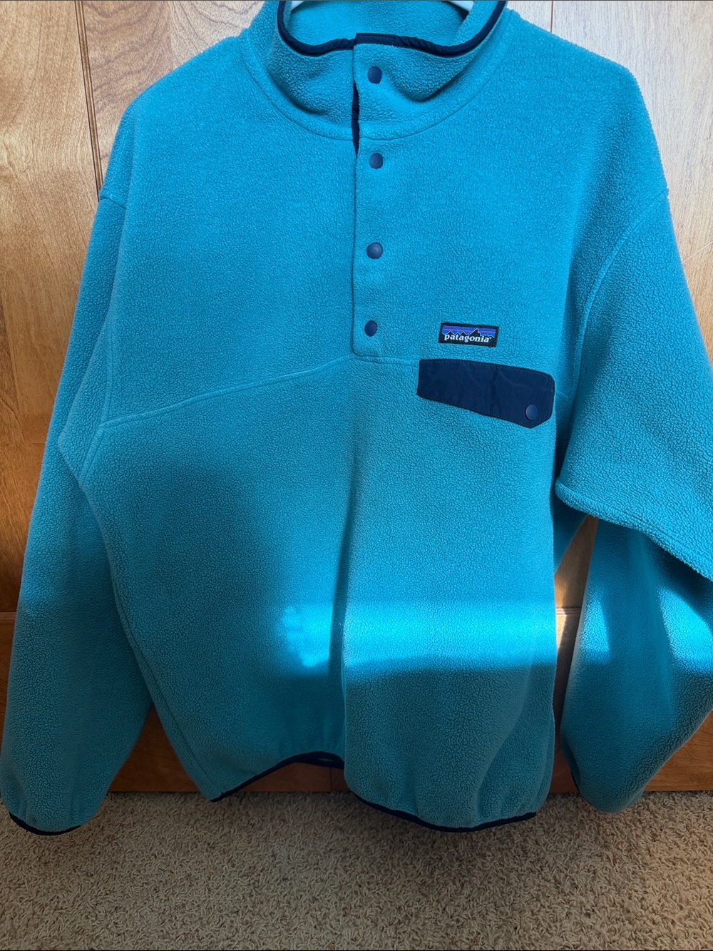 Vintage Patagonia Synchilla Teal Fleece Snap Pullover Navy Pocket Trim sz Med